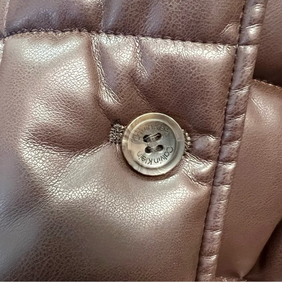 Calvin Klein Longline Faux Leather Brown Puffer Jacket Size L - Picture 10 of 12